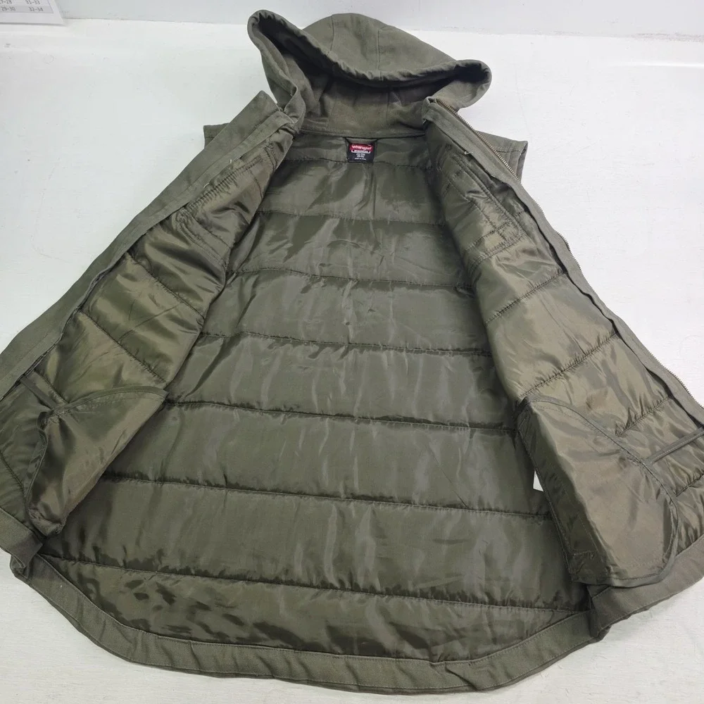 Wrangler Workwear Green Canvas Hooded Sleeveless Zip Vest Jacket Men's‎ 2XL EUC